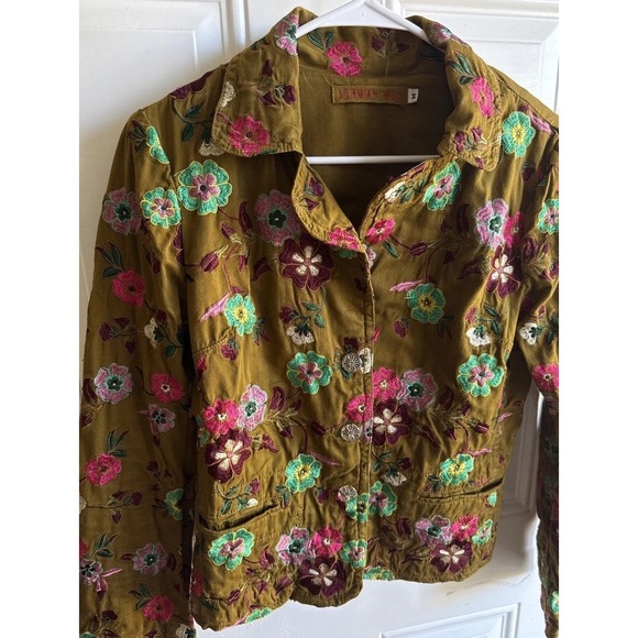 Johnny Was Women's M Embroidered Floral Blazer Jacket Olive Cotton - Picture 2 of 10